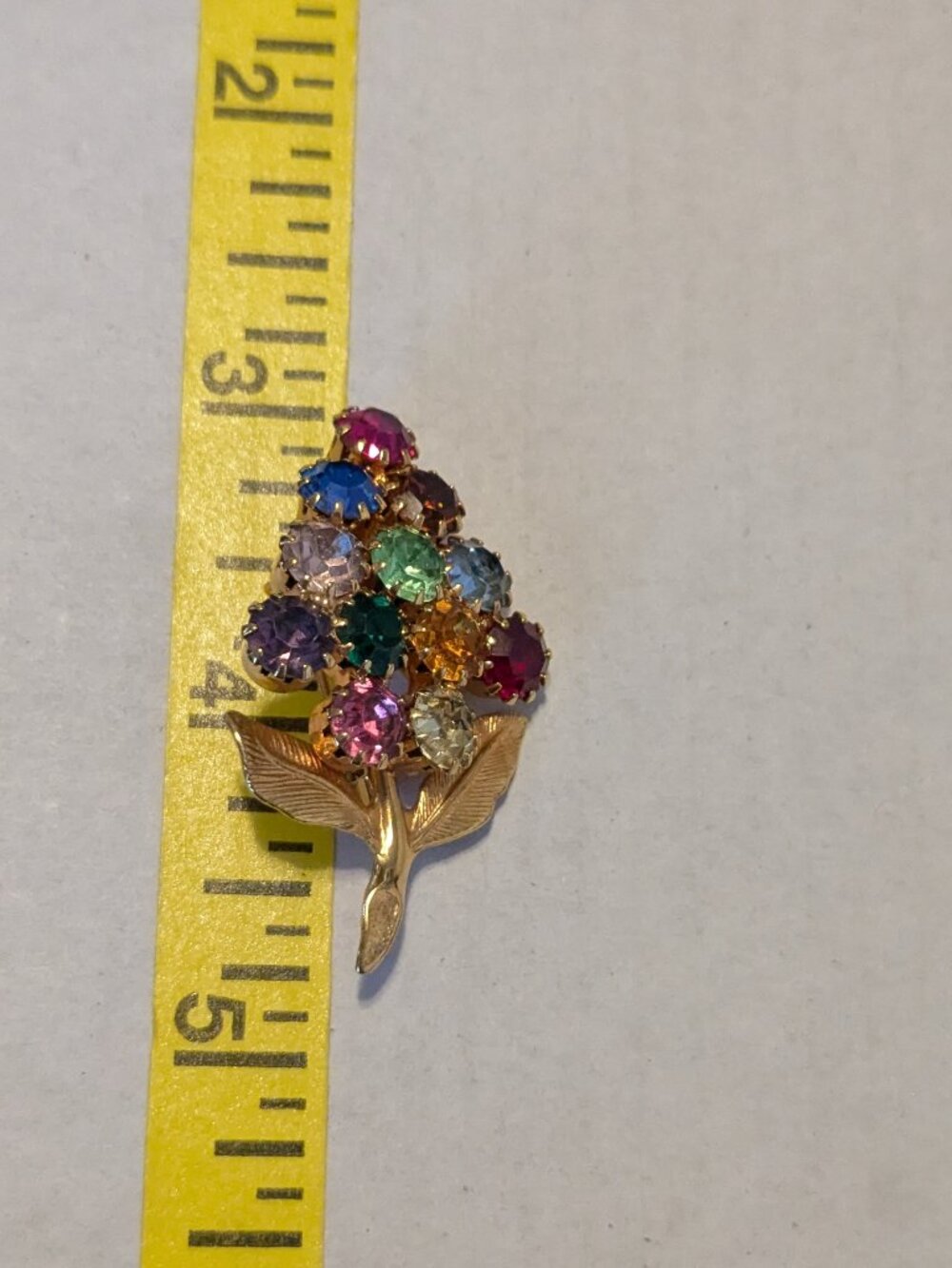 Vintage Multi-Color Prong Set Floral Flower Rhinestone Gold Tone Brooch Pin